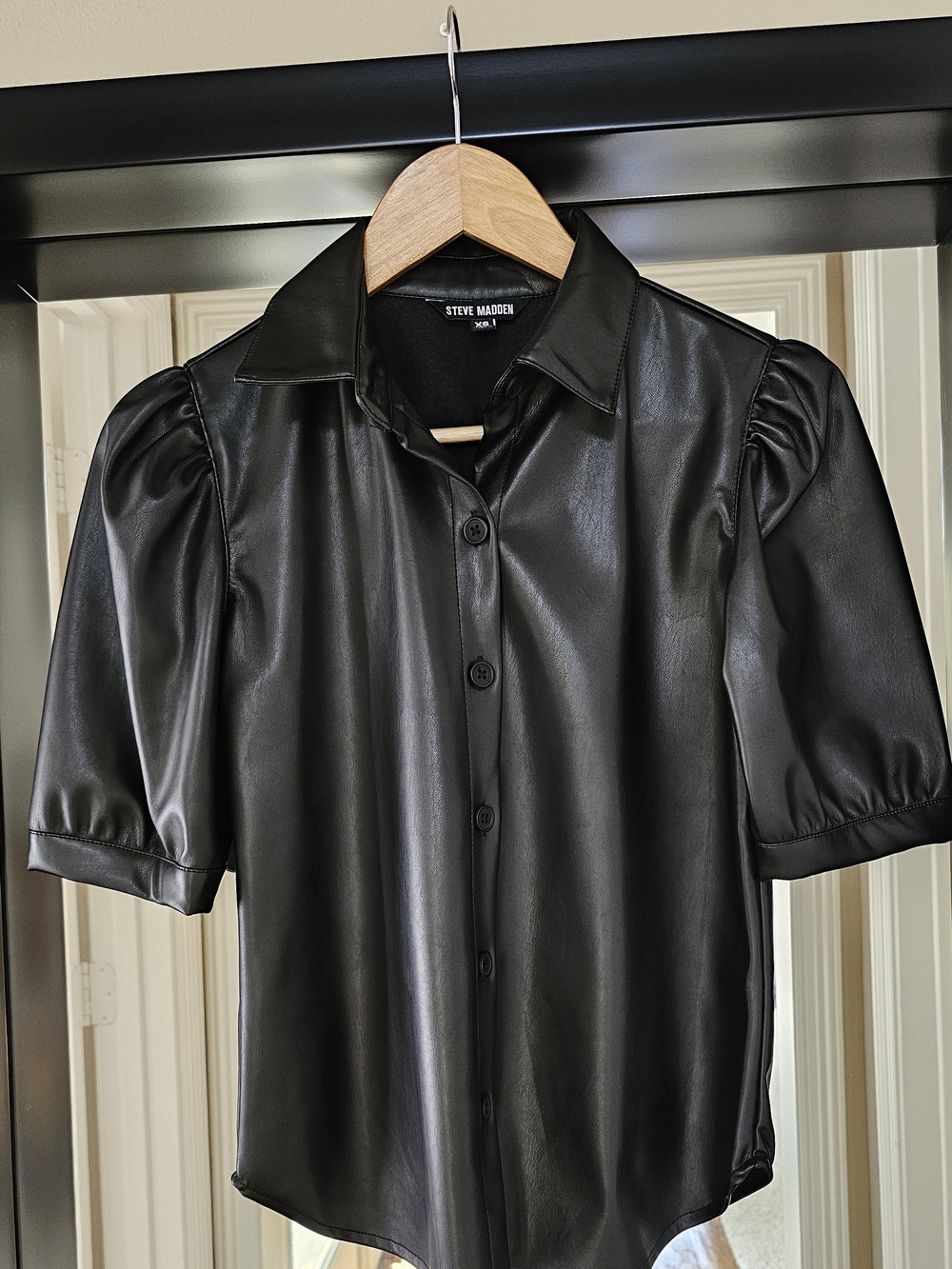 Steve Madden Black Faux Leather Puff Sleeve Button-Up
